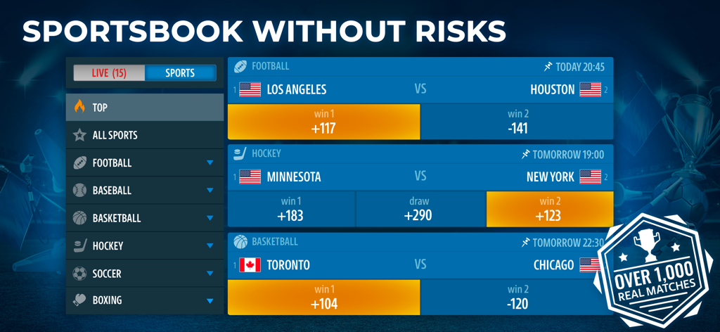 Sportsbook by Pokerist - Interfaz de la aplicación Sportsbook by Pokerist mostrando cuotas en vivo para partidos de fútbol, hockey y baloncesto