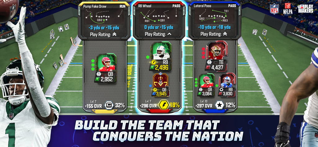 NFL 2K Playmakers - Schermata di gioco di NFL 2K Playmakers che mostra carte giocatore digitali e scelte di gioco di football