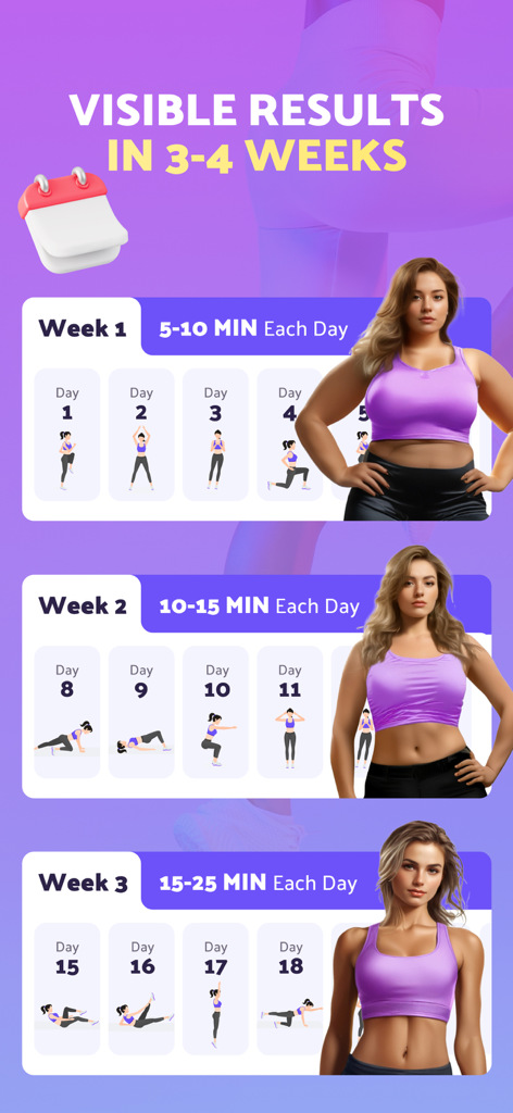 Graphic showing a three week home workout plan for women with visible body transformation results and daily exercise durations