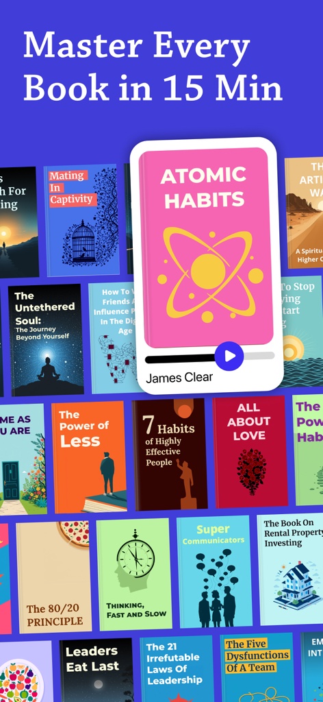 Una colección de portadas de libros de no ficción, incluyendo Hábitos Atómicos, que muestra la función de la aplicación Sparkle para dominar libros en 15 minutos