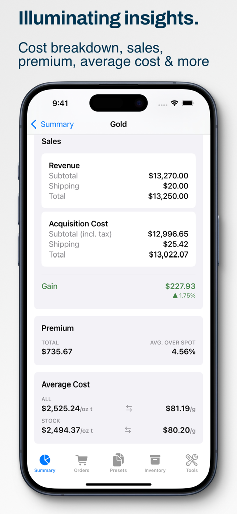 Precious Metals Manager - App screen displaying gold portfolio summary with sales revenue and average costs