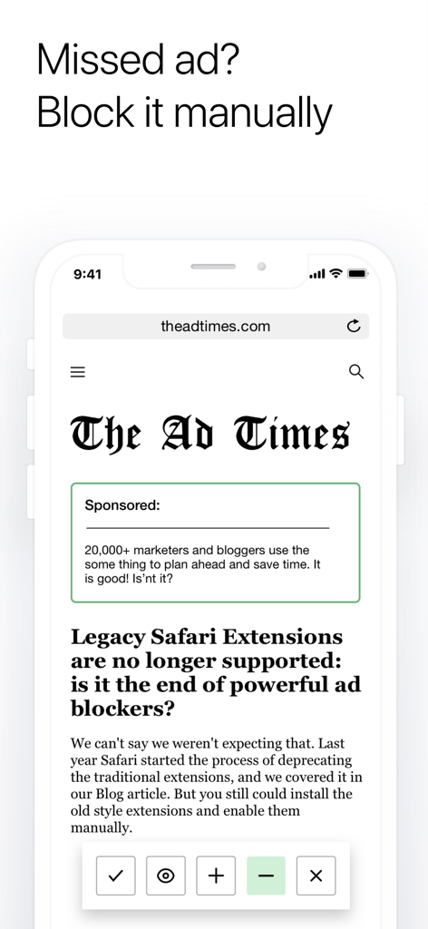AdGuard interface showing the manual ad blocking tool feature in Safari