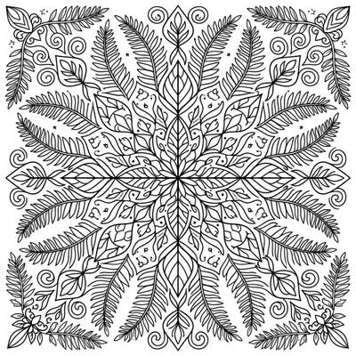 Immerse yourself in nature's elegance with this stunning fern mandala coloring page, featuring a perfectly symmetrical design of delicate fronds and intricate leaf patterns. This detailed illustration offers a peaceful escape and a rewarding artistic challenge.