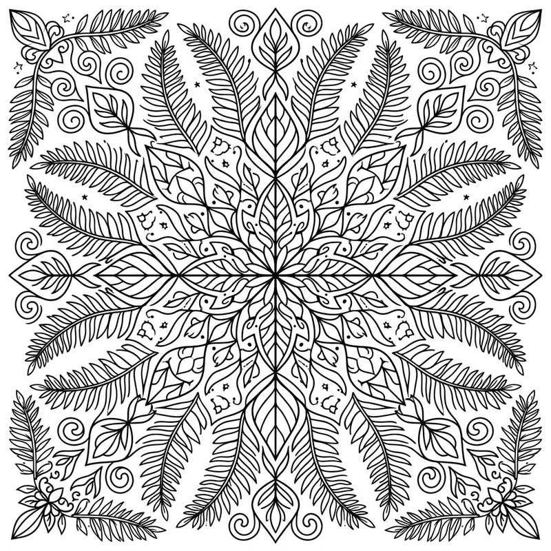 Immerse yourself in nature's elegance with this stunning fern mandala coloring page, featuring a perfectly symmetrical design of delicate fronds and intricate leaf patterns. This detailed illustration offers a peaceful escape and a rewarding artistic challenge.