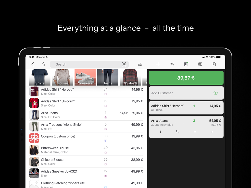 Shore POS interface on an iPad displaying a retail product list and checkout cart with a total balance
