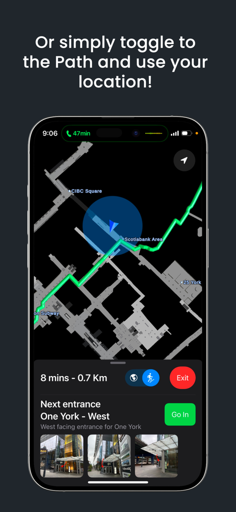 Toronto Path - Toronto Path app navigation screen displaying a route map and entrance photos