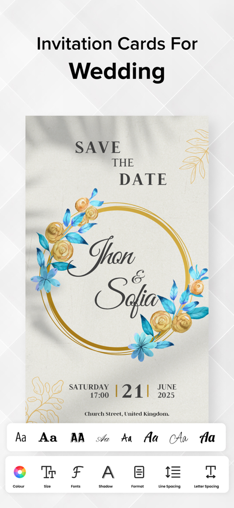 Invitation Maker : Invite Card - Mobile app interface showing a floral Save the Date wedding invitation template with text and font editing tools.