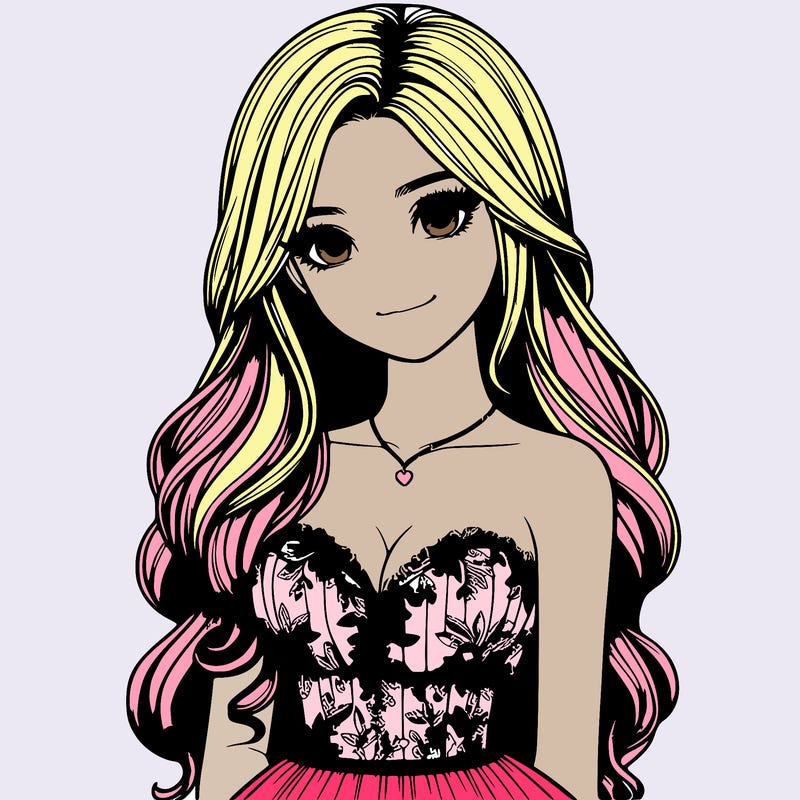 realistic girl with long hair and pretty prom dress
