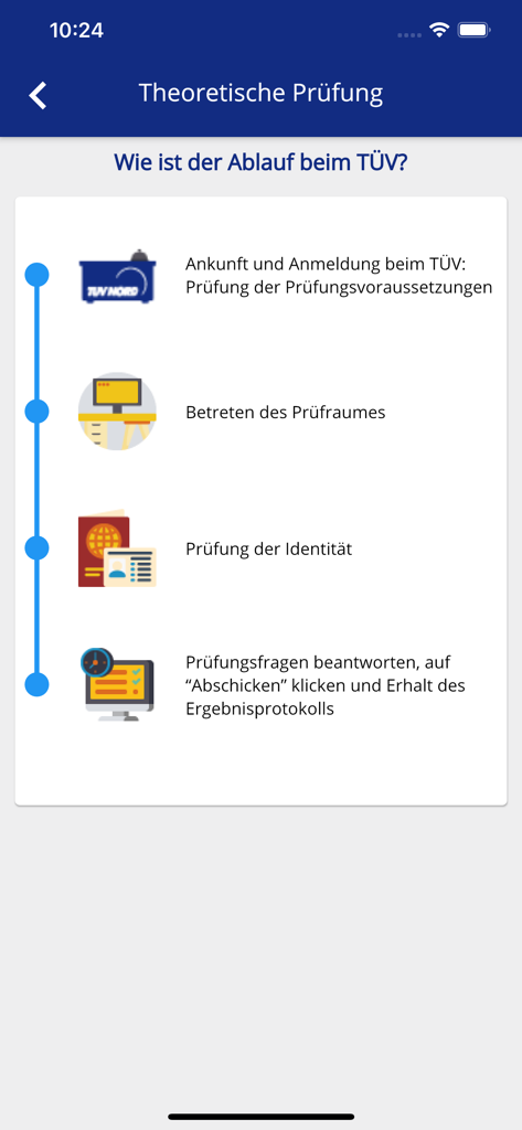 Fahrschüler-App - Visual guide showing the steps of the theoretical driving exam process