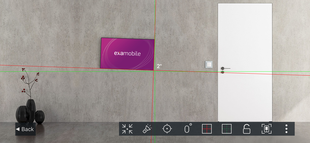 Pocket Bubble Level XXL - Augmented Reality Kameraansicht der Pocket Wasserwaage App, die den Winkel eines Bildes an einer Wand misst