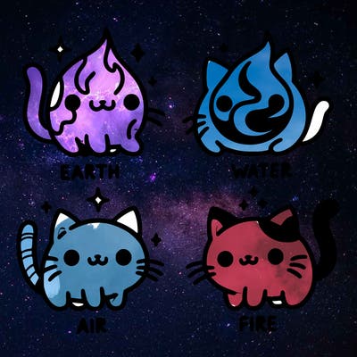 4 cats that represent the different elements, earth, water, air, and fire