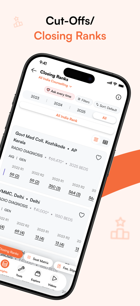 ZyNerd mobile app displaying NEET closing ranks and medical college cut-offs