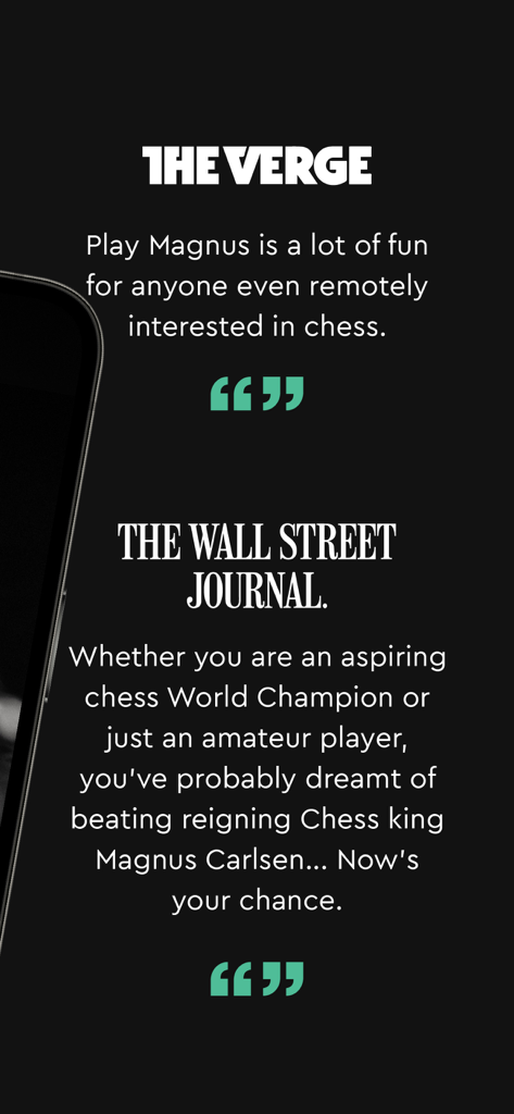 Play Magnus - Play Chess - Quotes from The Verge and The Wall Street Journal praising the Play Magnus chess app