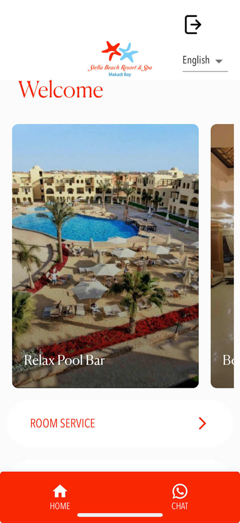 Ecrã de boas-vindas da aplicação Orient Resorts com Stella Beach Resort and Spa Makadi Bay