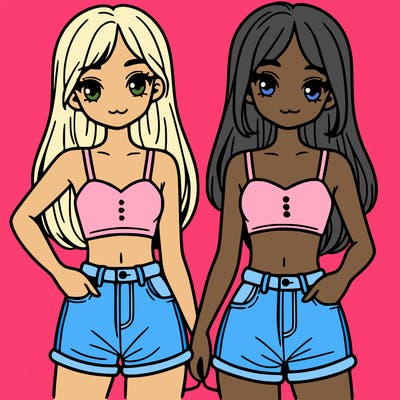 two sisters with crop tops and jean shorts and straight hair
