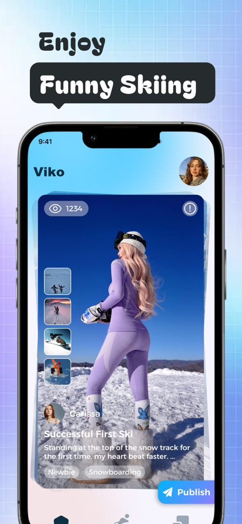Viko app interface showing a social post of a woman in purple ski gear on a snowy mountain
