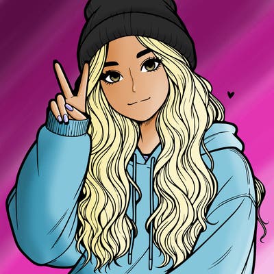 a teenage girl in a beanie, oversized sweatshirt, wavy long hair, and is showing a ✌️