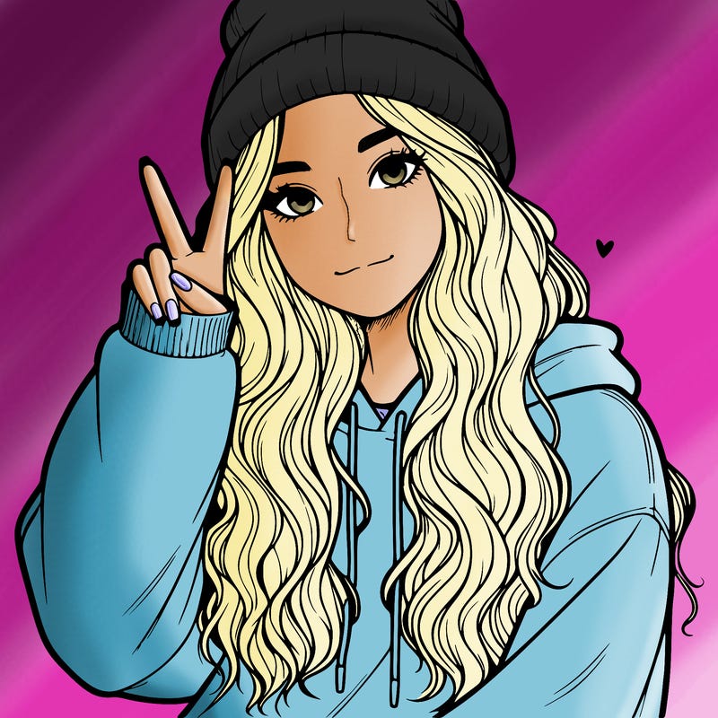 a teenage girl in a beanie, oversized sweatshirt, wavy long hair, and is showing a ✌️