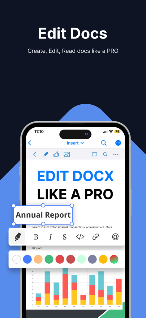 Office Word Editor-Docs, Share - Schermata dell'iPhone che mostra le funzionalità di modifica dei documenti e le opzioni di formattazione avanzate in un'app di ufficio mobile