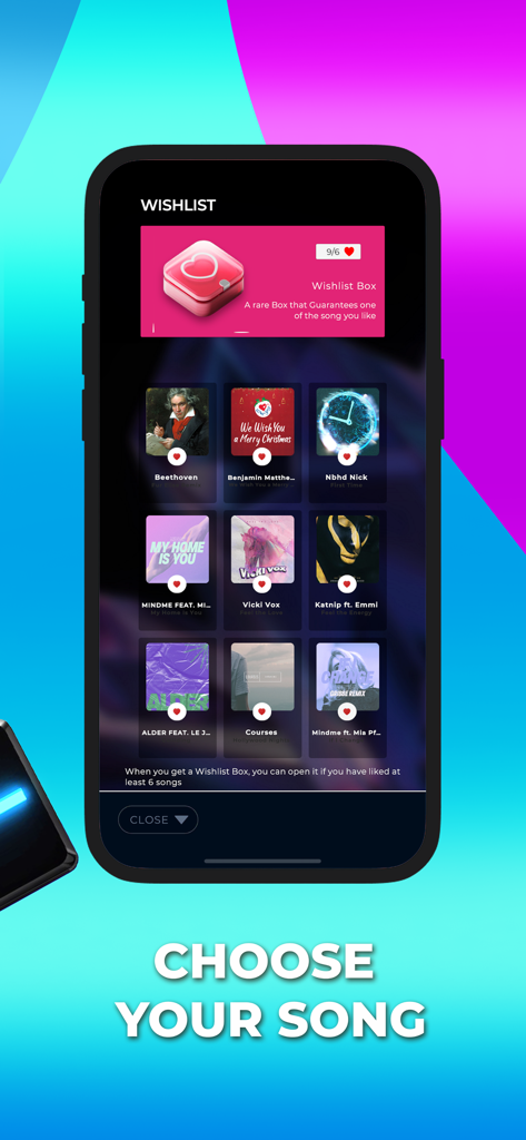 SuperStar: Music Game - Pantalla de SuperStar Music Game que muestra la lista de deseos de canciones y la cuadrícula de selección con varios éxitos internacionales