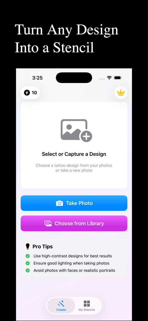 Stencil AI : Tattoo AI - Oberfläche der Stencil AI App, die Optionen zum Aufnehmen eines Fotos oder zur Auswahl aus der Bibliothek zur Erstellung einer Tattoo-Schablone zeigt