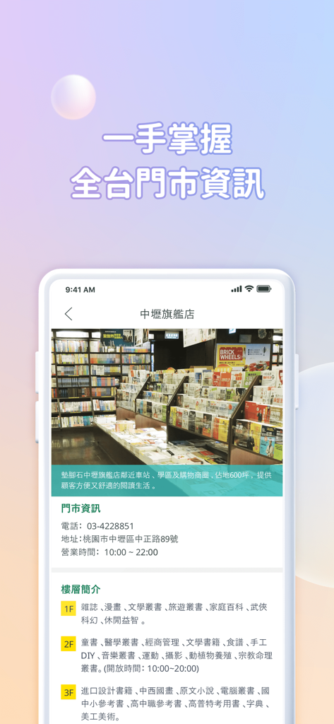 Écran de l'application montrant les informations du magasin et l'annuaire des étages pour un emplacement de librairie Stepping Stone