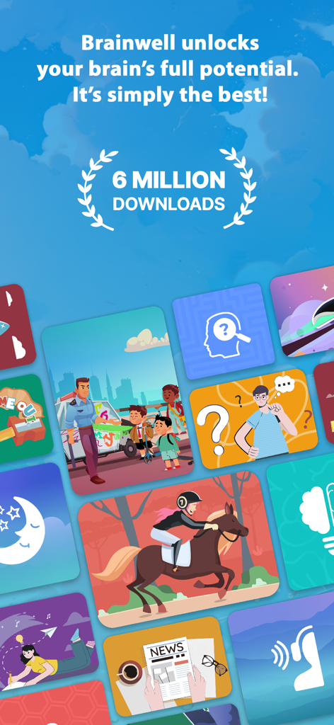 Brainwell Brain Training Games - Brainwell app promotional screen showing 6 million downloads and various cognitive game icons