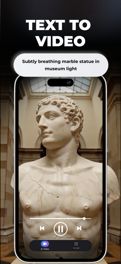 AI Video Generator Astoria - Pantalla de smartphone que muestra la interfaz de la aplicación Astoria AI creando un vídeo de una estatua de mármol a partir de una indicación de texto