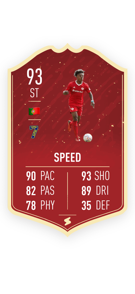 Ultimate Card Creator - A custom red soccer trading card featuring a player named Speed with a 93 rating and detailed game stats.