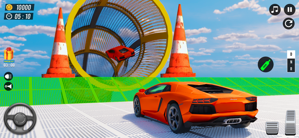 Car Stunt simulator Master 3D - An orange sports car on a stunt track with a red car performing a loop in the background.