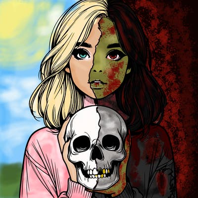 realistic girl holding a skull