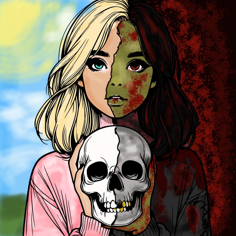 realistic girl holding a skull