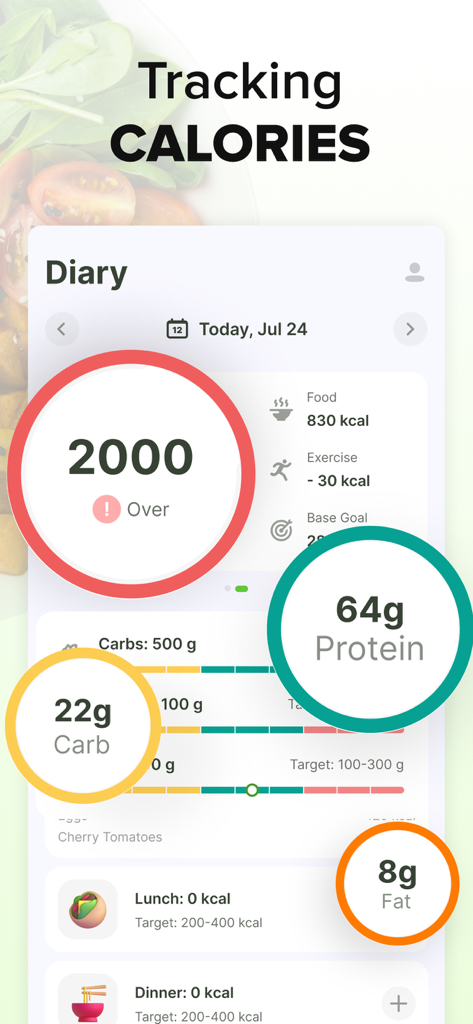 ‎Calorie Counter: Food Tracker - Painel diário de rastreamento de calorias e macronutrientes para controle de peso