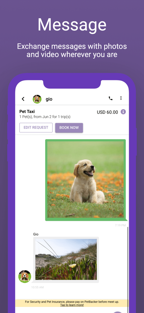 PetBacker app screen showing chat interface with pet photos and booking details