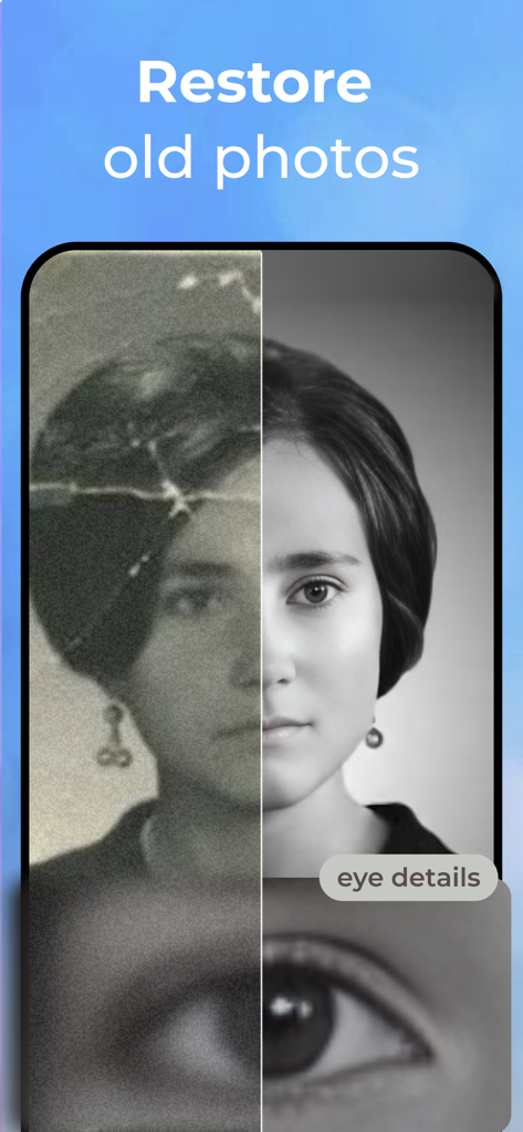 AI Enhancer: Enhance Photo App - Una comparación antes y después que muestra una foto antigua borrosa restaurada a un retrato de alta definición con detalles oculares mejorados usando IA.