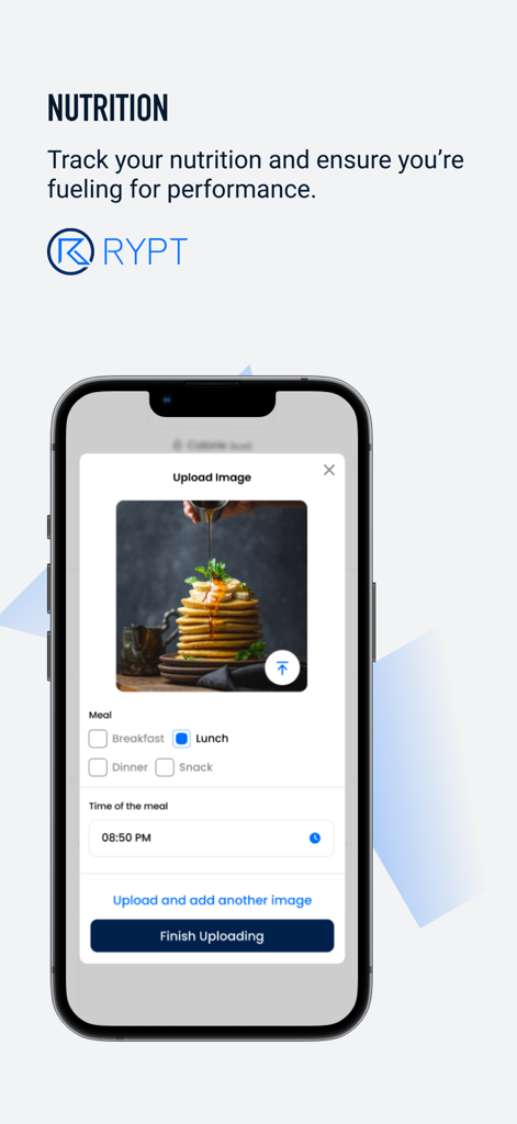 RYPT - A smartphone showing the RYPT app interface for uploading and tracking meal photos for performance nutrition.