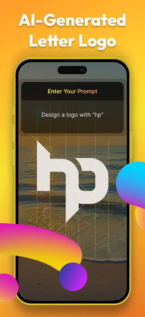 Poster Maker - Crea - Mobile app interface showing an AI generated letter logo for hp based on a text prompt
