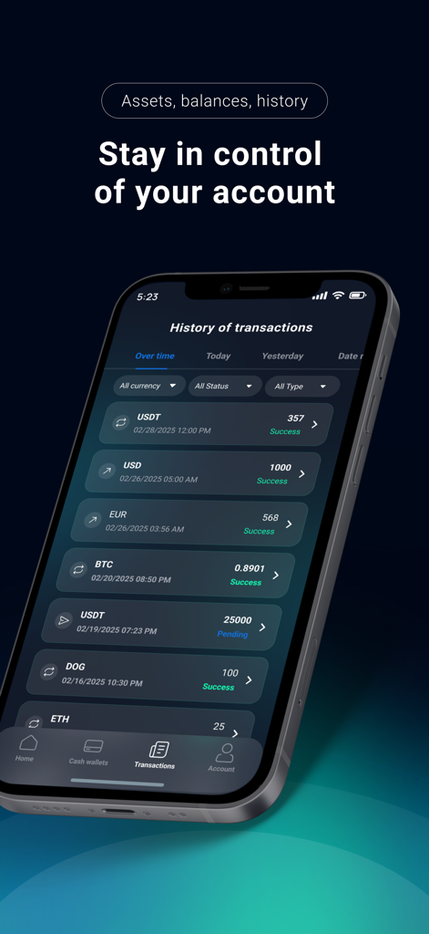 UEX.US - Interfaz del historial de transacciones de la aplicación móvil UEX.US que muestra operaciones recientes de criptomonedas y divisas fiduciarias.