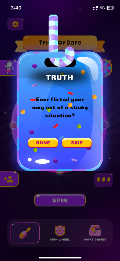 Truth question card from the Truth Or Dare Spicy Games app asking about flirting