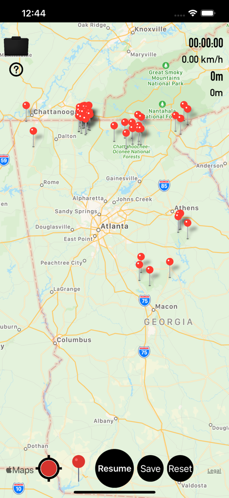 Interface of Gpx Viewer app showing a map of Georgia with multiple red waypoint markers and tracking statistics
