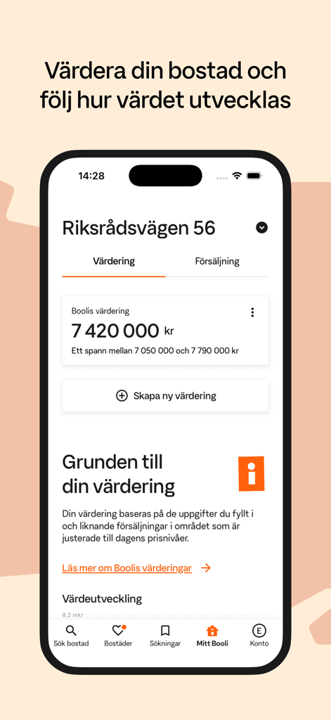 Screenshot of the Booli app showing a property valuation and market price estimate for a home in Sweden.