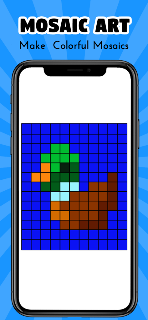 Una pantalla móvil que muestra un pato pixelado en la sección de Arte Mosaico de la aplicación Creato.