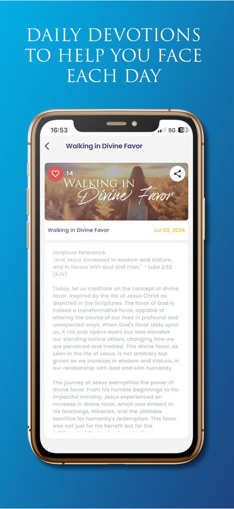 Joshua Sangweni Ministries app screen showing a daily devotion titled Walking in Divine Favor