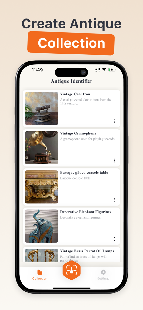 Antique Identifier - Antique Identifier app screen showing a saved collection of vintage items including a gramophone and console table