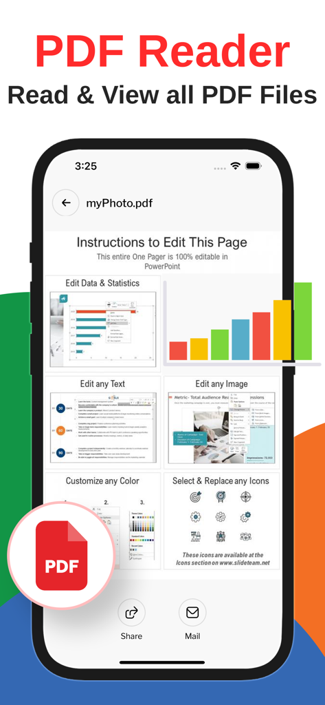 All Document Reader PDF Reader - Mobile app interface of All Document Reader showing a PDF viewer with options to share and email documents