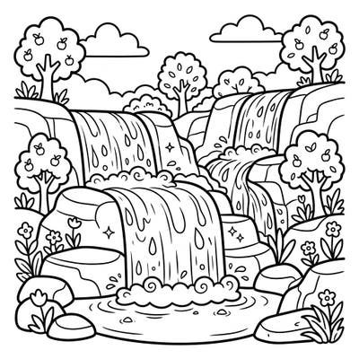 Explore the enchanting beauty of nature with this Kawaii cascade waterfalls coloring page. Its adorable style and intricate details promise a relaxing and delightful artistic journey for all ages.