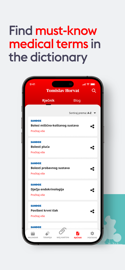 Meddox - Meddox app interface displaying a medical dictionary with various health categories and terms for patients.