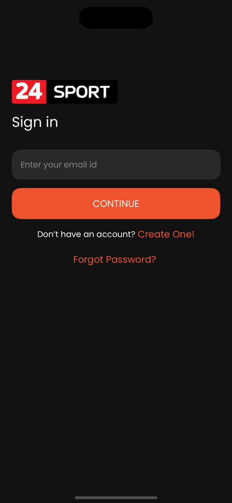 Sign in screen for the 24 Sport app with email input and continue button