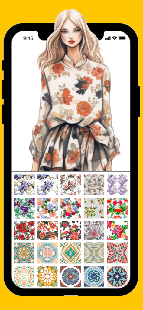 Fashion Design Dress up Style - A digital fashion illustration of a woman wearing a floral blouse with a grid of various fabric pattern options on a smartphone screen.