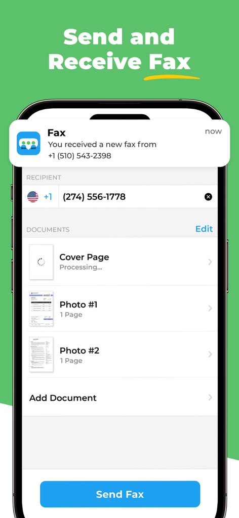OnPhone app screen for sending and receiving faxes with document attachments